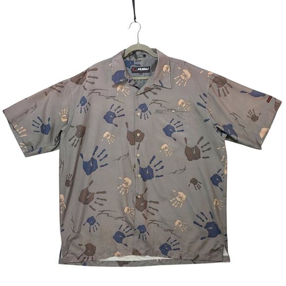 Vintage FUBU Mens XXL Button Up Shirt Gray Short Sleeve Hand Print Graphic - Picture 1 of 8